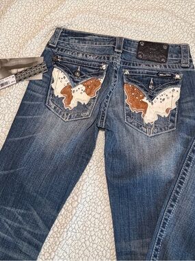 Miss Me Blue Denim Bootcut Jeans with Tan Stitching Detail